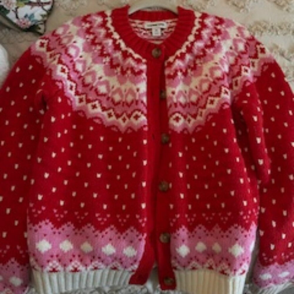 Beautiful Lands End New Without Tags Rich Red Pink and White Fairisle Cardigan